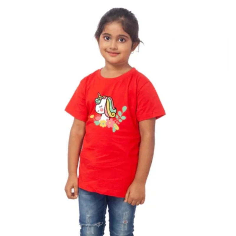 Generic Girls Cotton Unicorn Face Half Sleeve TShirt (Red) - Image 4