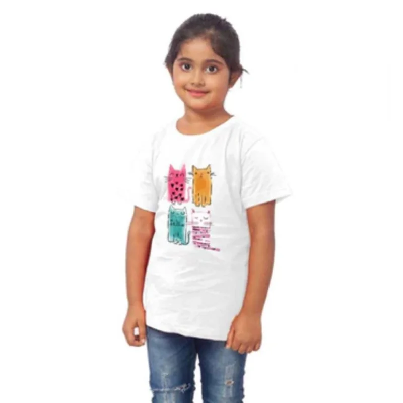 Generic Girls Cotton Cat Half Sleeve TShirt (White) - Image 4