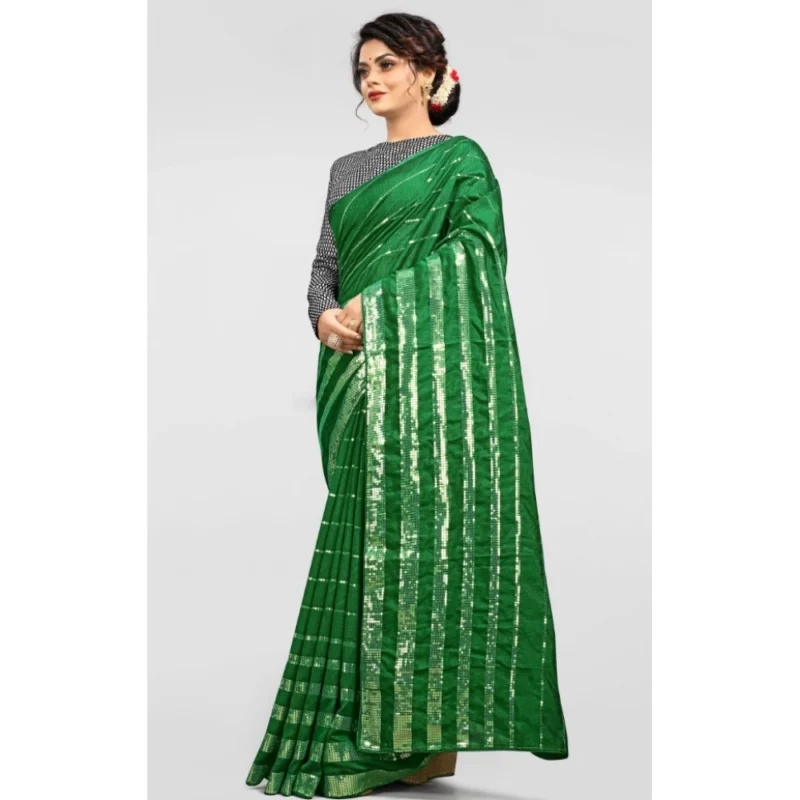 Generic Women's Vichitra Saree with Blouse (Green, 5-6 Mtrs) - Image 3