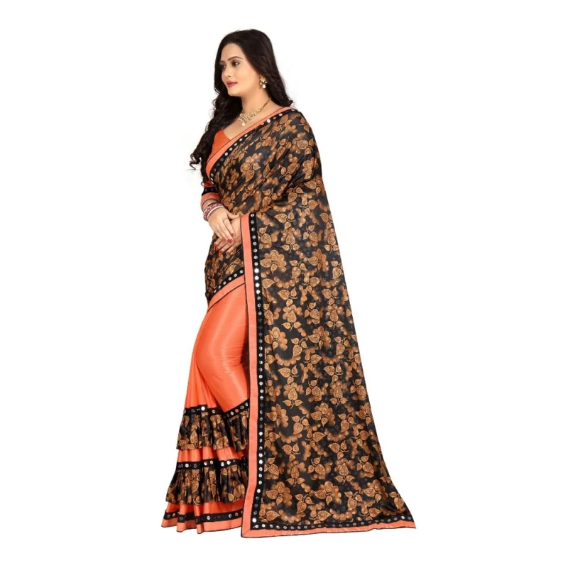 Generic Women's Lycra Blend Saree with Blouse (Orange, 5-6 Mtrs) - Image 3