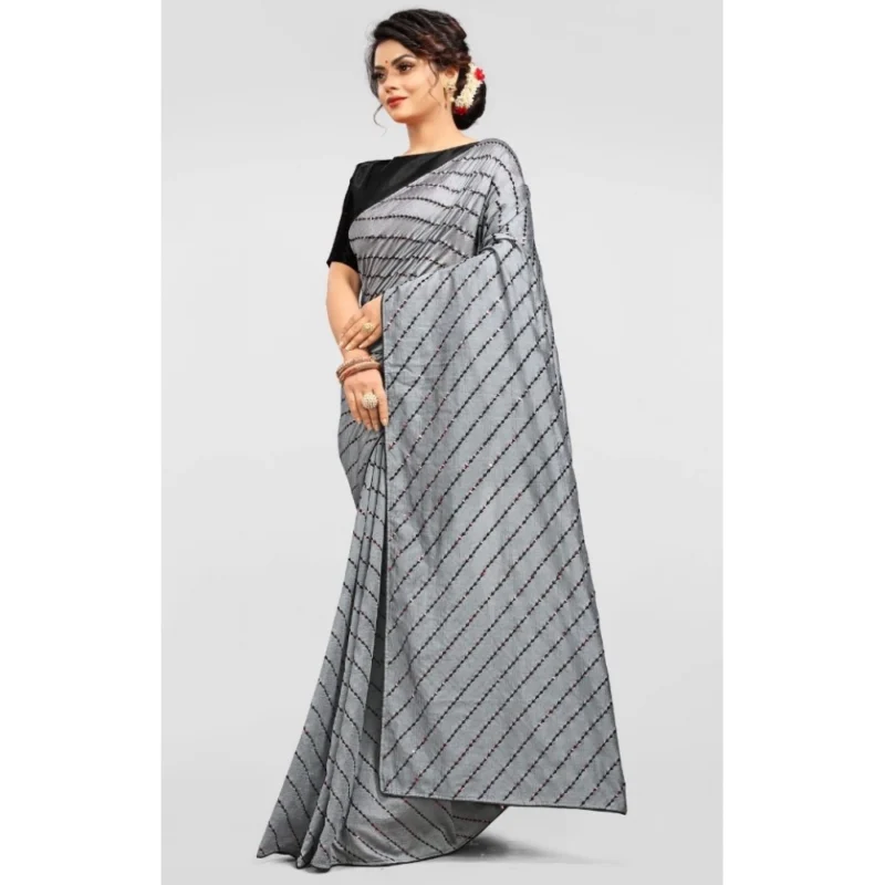 Generic Women's Vichitra Saree with Blouse (Grey, 5-6 Mtrs) - Image 3