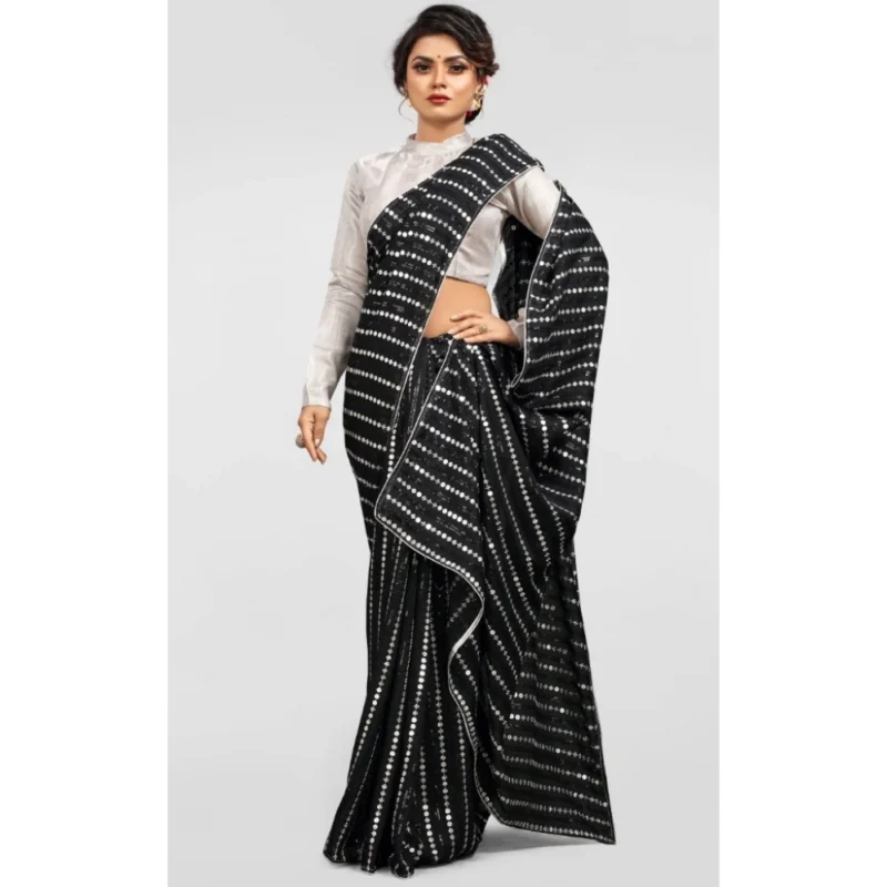 Generic Women's Vichitra Saree with Blouse (Silver, 5-6 Mtrs) - Image 3