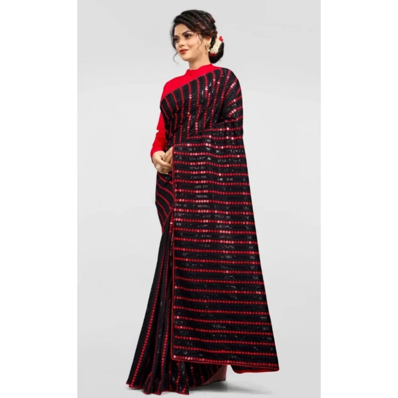 Generic Women's Vichitra Saree with Blouse (Red, 5-6 Mtrs) - Image 3