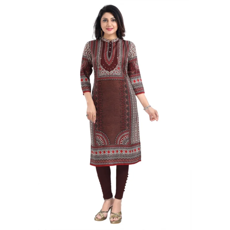 Generic Women's 3/4th Sleeve Masleen Tunic Long Kurti (Brown) - Image 2