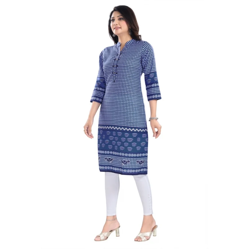 Generic Women's 3/4th Sleeve Cotton Blend Tunic Long Kurti (Blue) - Image 2