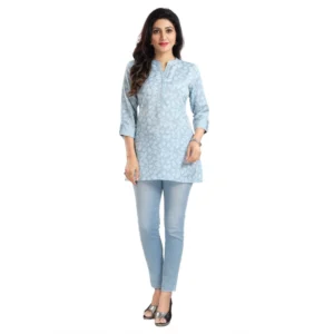 Generic Women's 3/4th Sleeve Viscose Blend Tunic Short Top (Blue)