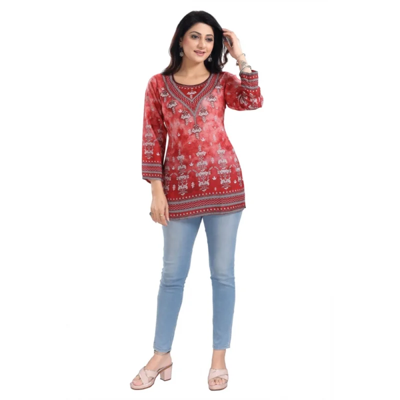 Generic Women's 3/4th Sleeve Faux Crepe Tunic Short Top (Red) - Image 3