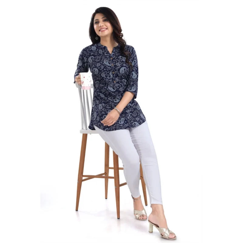 Generic Women's 3/4th Sleeve Polyester Tunic Short Top (Blue) - Image 3