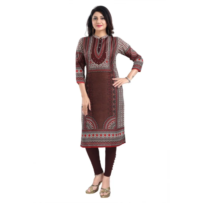 Generic Women's 3/4th Sleeve Masleen Tunic Long Kurti (Brown) - Image 3