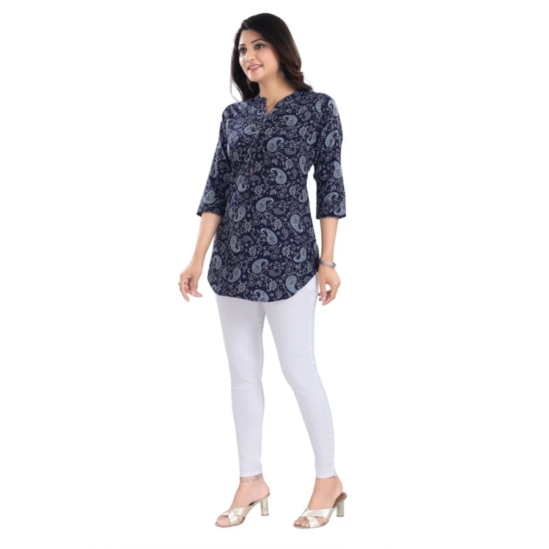 Generic Women's 3/4th Sleeve Polyester Tunic Short Top (Blue) - Image 2