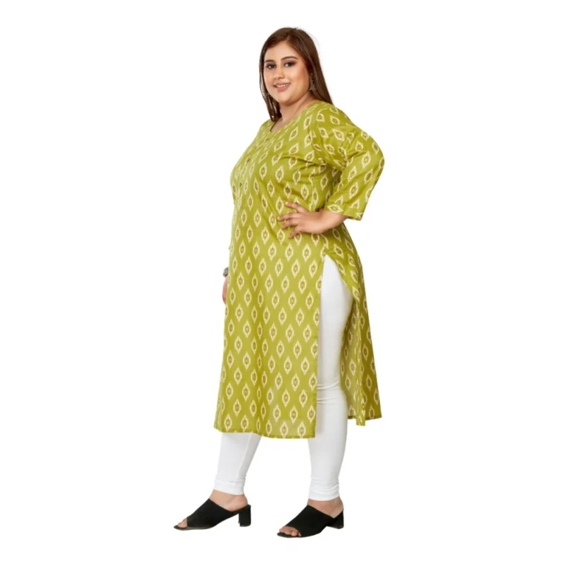 Generic Women's Casual 3/4th Sleeve Ikkat Printed Pure Cotton Straight Kurti (Pista Green) - Image 5