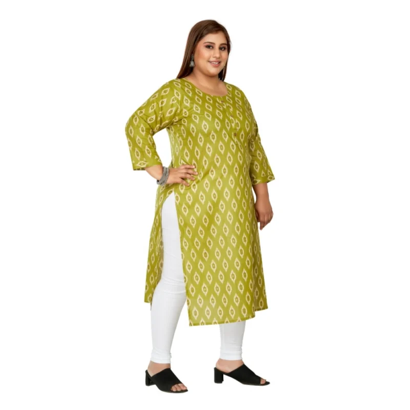Generic Women's Casual 3/4th Sleeve Ikkat Printed Pure Cotton Straight Kurti (Pista Green) - Image 7