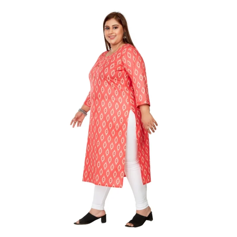 Generic Women's Casual 3/4th Sleeve Ikkat Printed Pure Cotton Straight Kurti (Pink) - Image 5