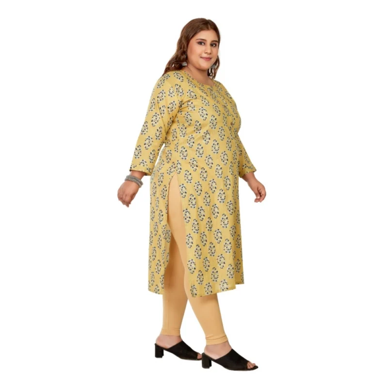 Generic Women's Casual 3/4th Sleeve Golden Foil Printed Pure Cotton Straight Kurti (Light Yellow) - Image 7