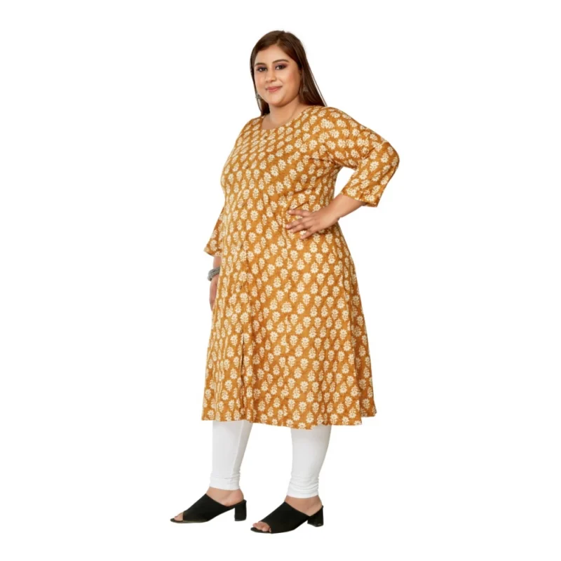 Generic Women's Casual 3/4th Sleeve Printed Pure Cotton Prince Cut A-Line Kurti (Mustard) - Image 5