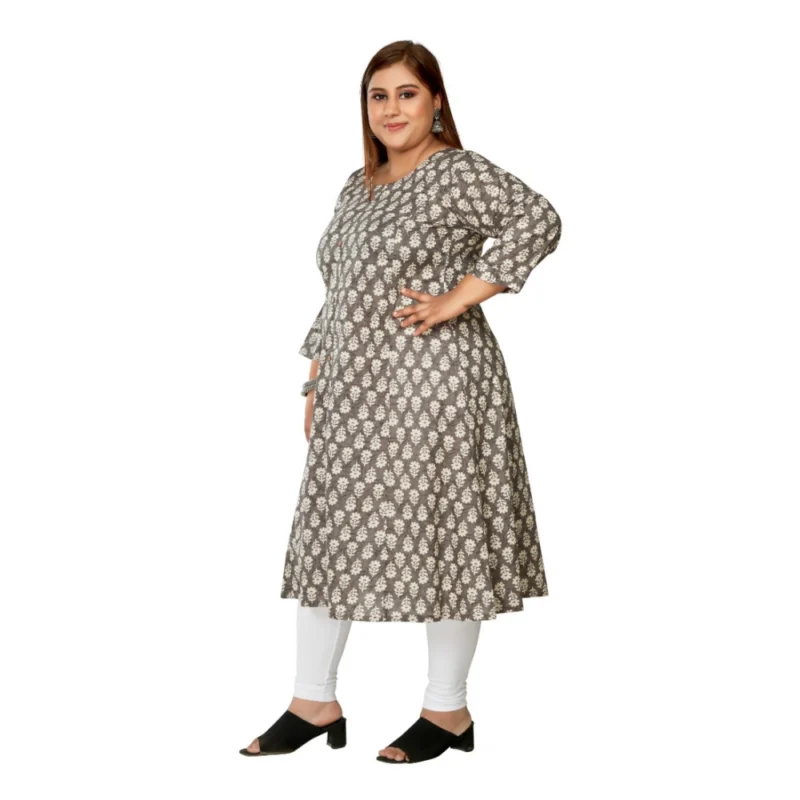 Generic Women's Casual 3/4th Sleeve Printed Pure Cotton Prince Cut A-Line Kurti (Grey) - Image 5