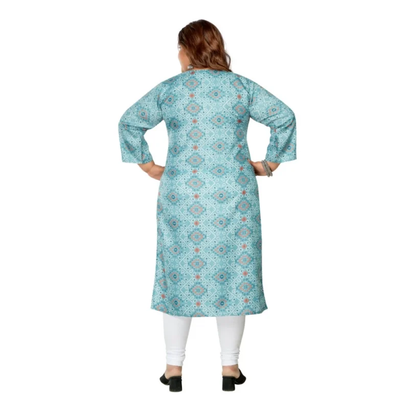 Generic Women's Casual 3/4th Sleeve Golden Foil Printed Rayon Straight Kurti (Blue) - Image 4