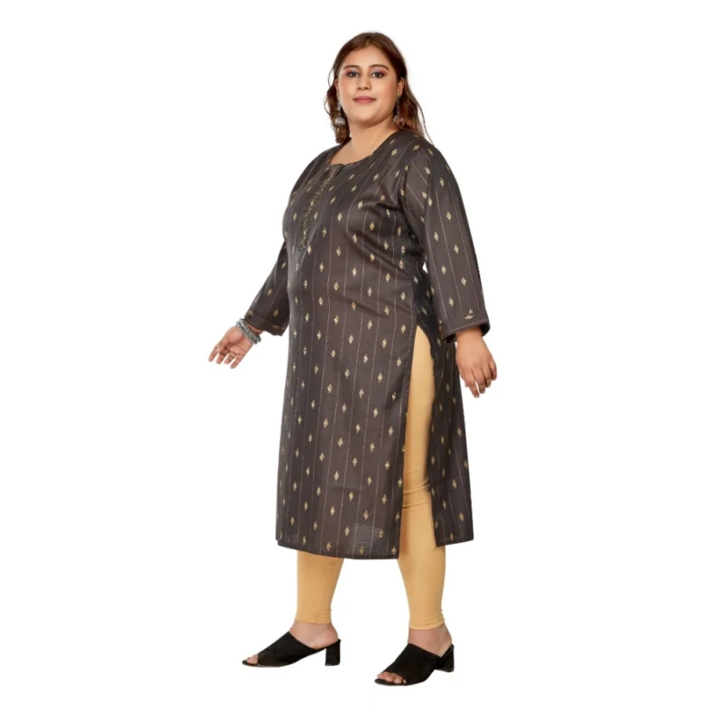 Generic Women's Casual 3/4th Sleeve Golden Embroided Cotton Mix Straight Kurti (Dark Grey) - Image 5