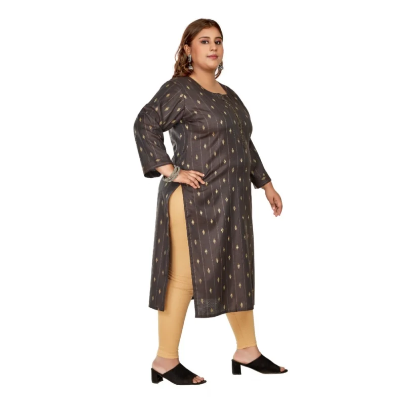 Generic Women's Casual 3/4th Sleeve Golden Embroided Cotton Mix Straight Kurti (Dark Grey) - Image 7