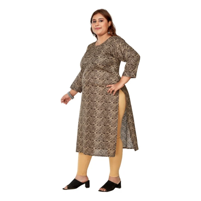 Generic Women's Casual 3/4th Sleeve Golden Foil Printed Capsule Cotton Straight Kurti (Brown) - Image 5