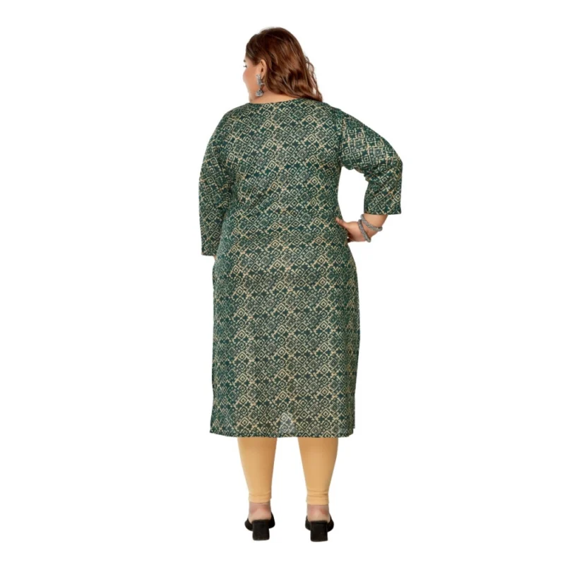 Generic Women's Casual 3/4th Sleeve Golden Foil Printed Capsule Cotton Straight Kurti (Dark Green) - Image 4