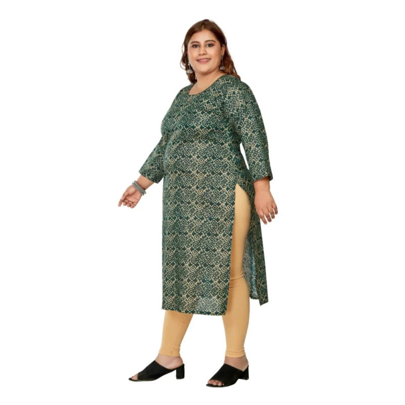 Generic Women's Casual 3/4th Sleeve Golden Foil Printed Capsule Cotton Straight Kurti (Dark Green) - Image 5