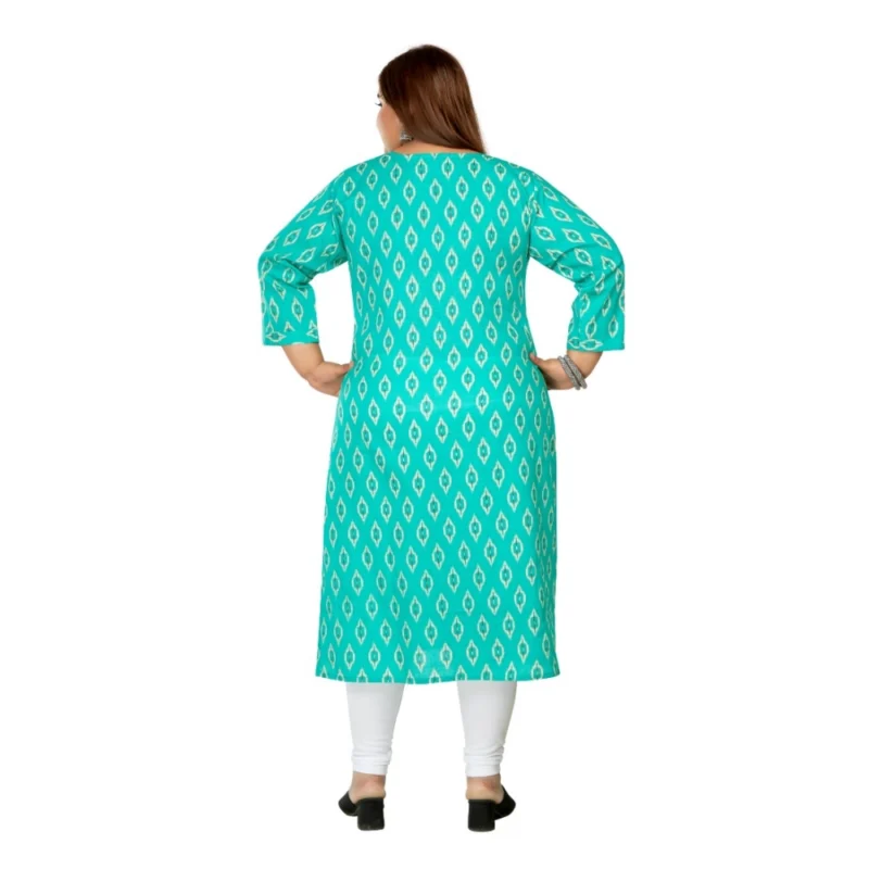 Generic Women's Casual 3/4th Sleeve Ikkat Printed Pure Cotton Straight Kurti (Turquoise) - Image 4