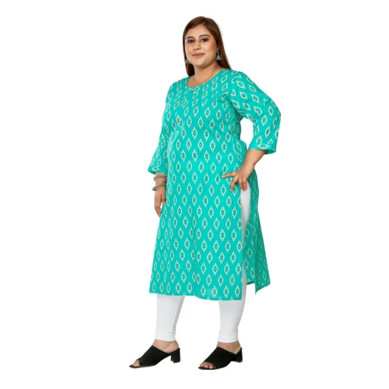 Generic Women's Casual 3/4th Sleeve Ikkat Printed Pure Cotton Straight Kurti (Turquoise) - Image 5