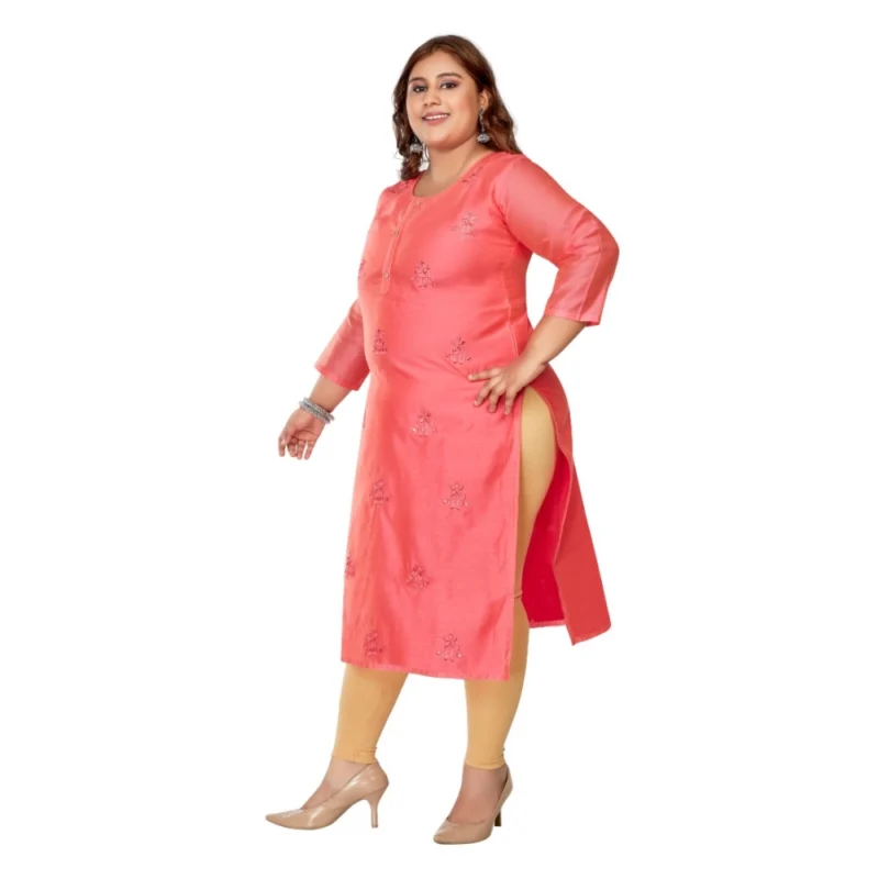 Generic Women's Casual 3/4th Sleeve Mirror Embroided Rayon Straight Kurti (Pink) - Image 5