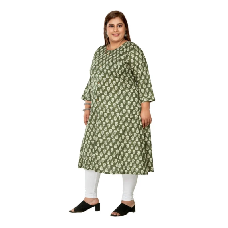Generic Women's Casual 3/4th Sleeve Printed Pure Cotton Prince Cut A-Line Kurti (Green) - Image 5