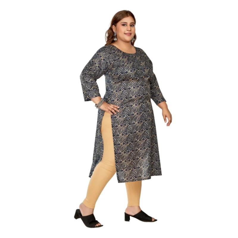 Generic Women's Casual 3/4th Sleeve Golden Foil Printed Capsule Cotton Straight Kurti (Navy Blue) - Image 7