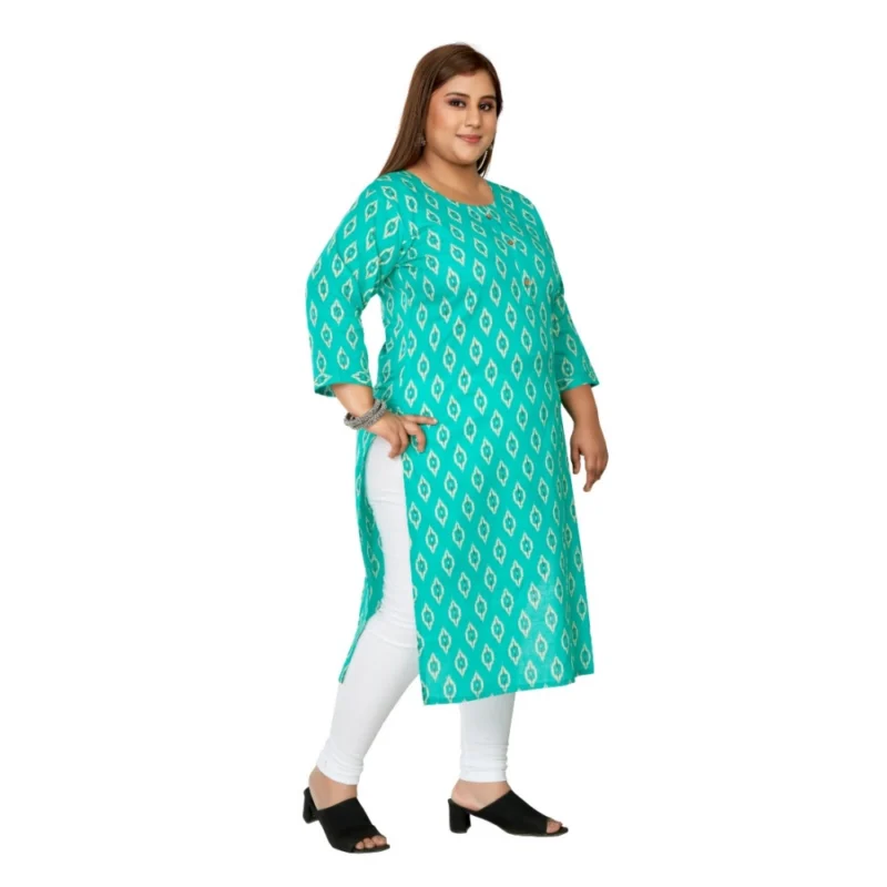 Generic Women's Casual 3/4th Sleeve Ikkat Printed Pure Cotton Straight Kurti (Turquoise) - Image 7