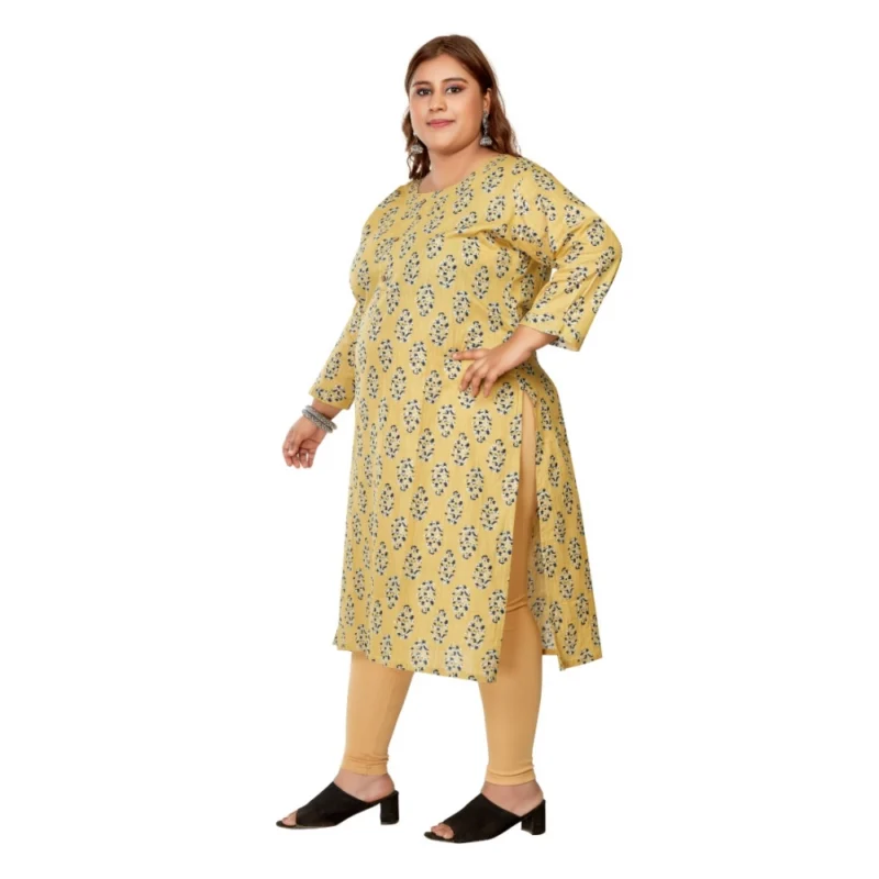 Generic Women's Casual 3/4th Sleeve Golden Foil Printed Pure Cotton Straight Kurti (Light Yellow) - Image 5