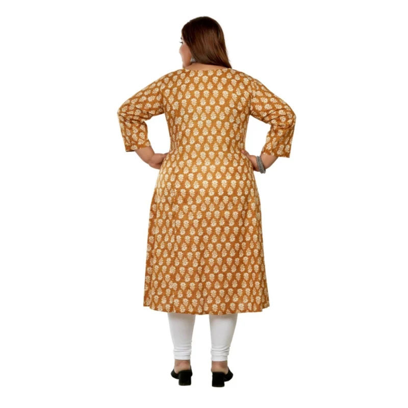 Generic Women's Casual 3/4th Sleeve Printed Pure Cotton Prince Cut A-Line Kurti (Mustard) - Image 4