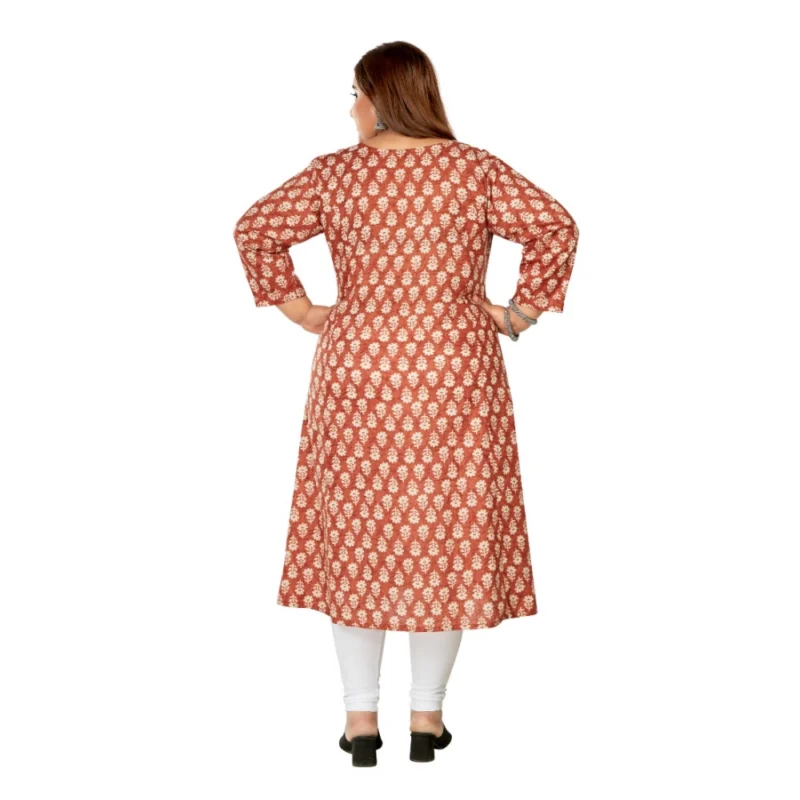 Generic Women's Casual 3/4th Sleeve Printed Pure Cotton Prince Cut A-Line Kurti (Red) - Image 4