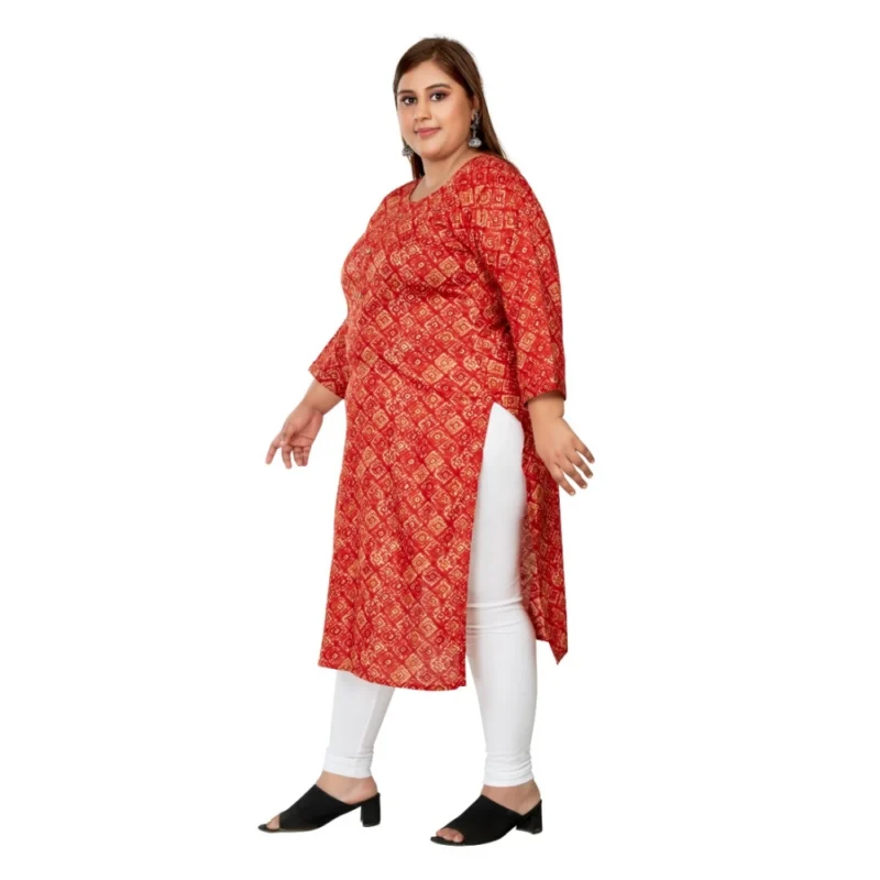 Generic Women's Casual 3/4th Sleeve Golden Foil Printed Capsule Cotton Straight Kurti (Red) - Image 5