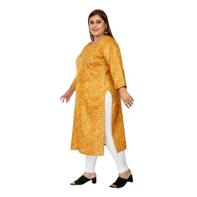 Generic Women's Casual 3/4th Sleeve Golden Foil Printed Capsule Cotton Straight Kurti (Yellow) - Image 5