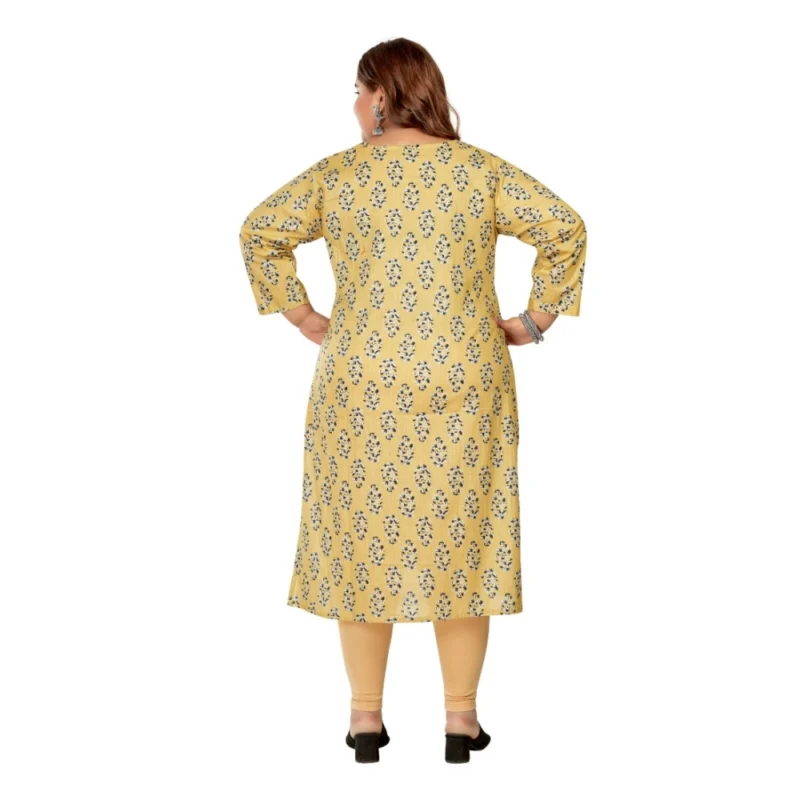 Generic Women's Casual 3/4th Sleeve Golden Foil Printed Pure Cotton Straight Kurti (Light Yellow) - Image 4
