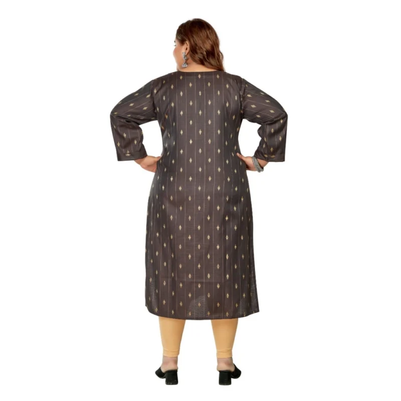 Generic Women's Casual 3/4th Sleeve Golden Embroided Cotton Mix Straight Kurti (Dark Grey) - Image 4