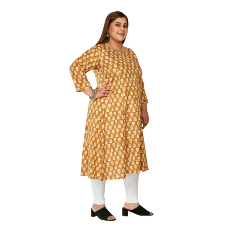 Generic Women's Casual 3/4th Sleeve Printed Pure Cotton Prince Cut A-Line Kurti (Mustard) - Image 7