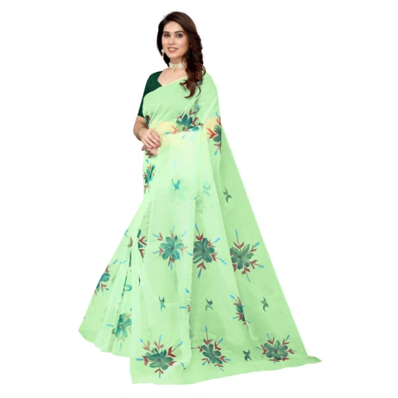 Generic Women's Organza Floral Pattern Sarees (Parrot Green, 5-6 Mtrs) - Image 4