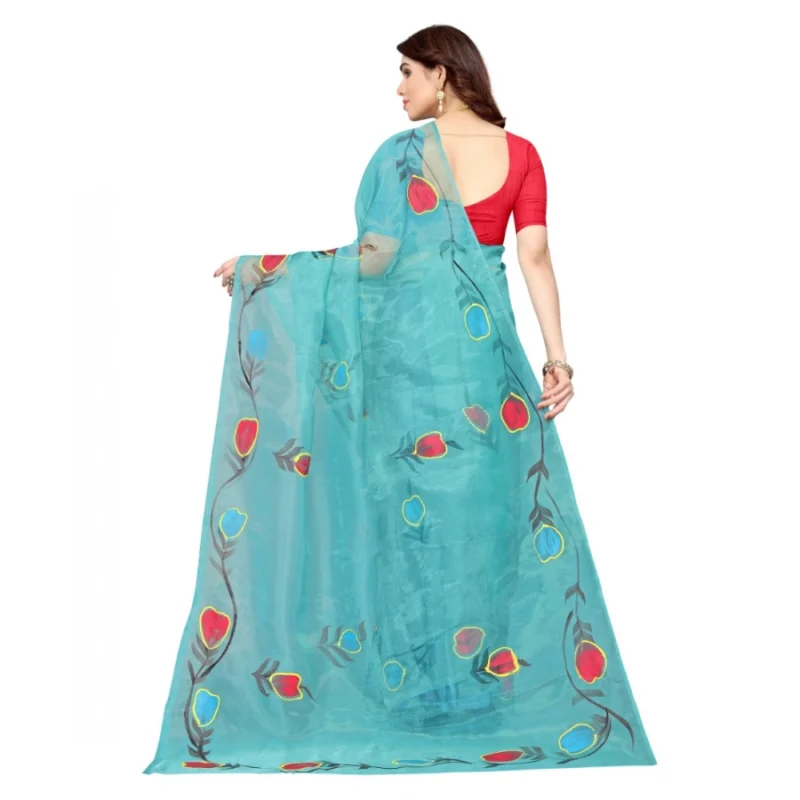 Generic Women's Organza Floral Pattern Sarees (Rama, 5-6 Mtrs) - Image 3
