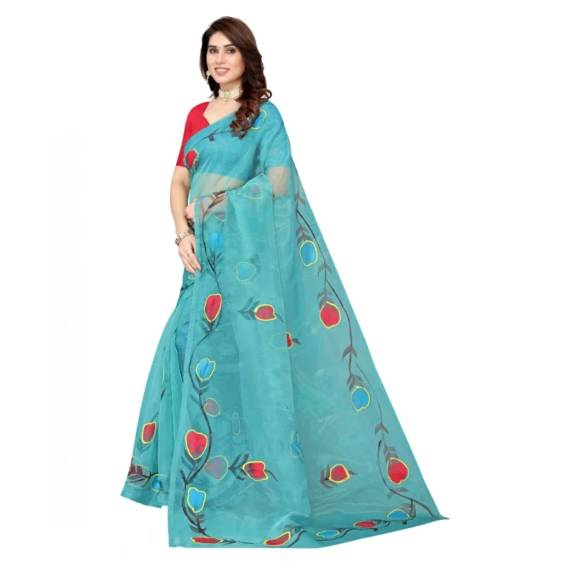 Generic Women's Organza Floral Pattern Sarees (Rama, 5-6 Mtrs) - Image 4