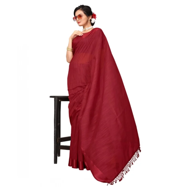 Generic Women's Cotton Blend Stripe Pattern Sarees (Maroon, 5-6 Mtrs) - Image 3