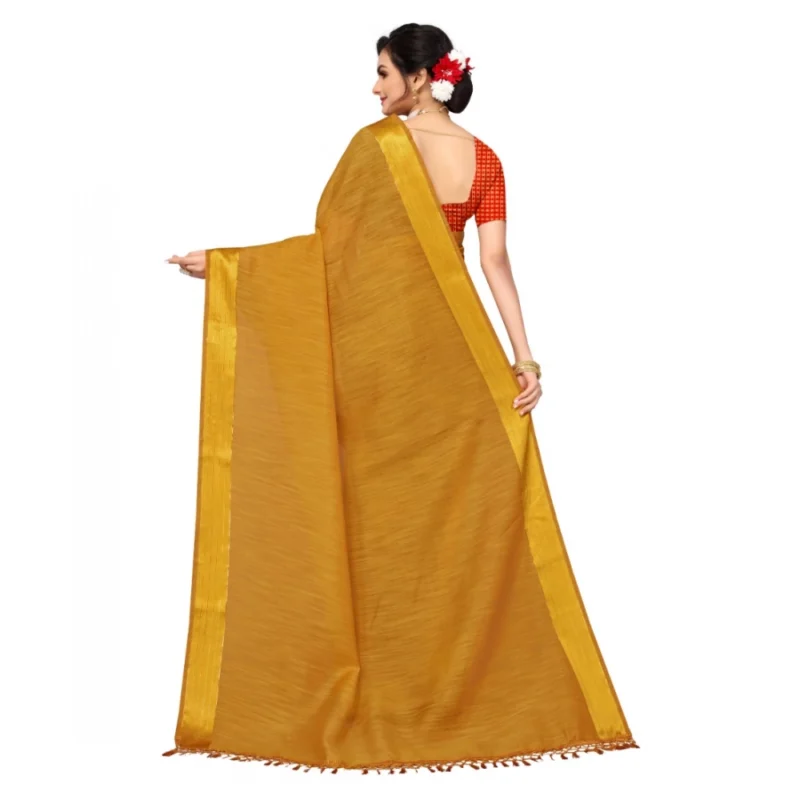 Generic Women's Cotton Blend Stripe Pattern Sarees (Mustard, 5-6 Mtrs) - Image 2