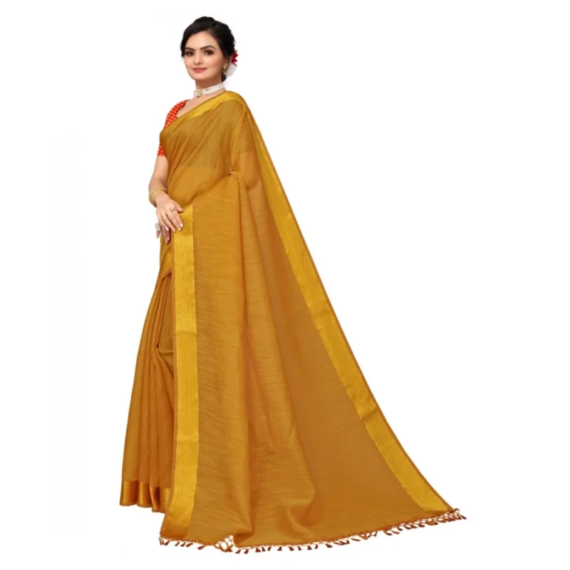 Generic Women's Cotton Blend Stripe Pattern Sarees (Mustard, 5-6 Mtrs) - Image 4