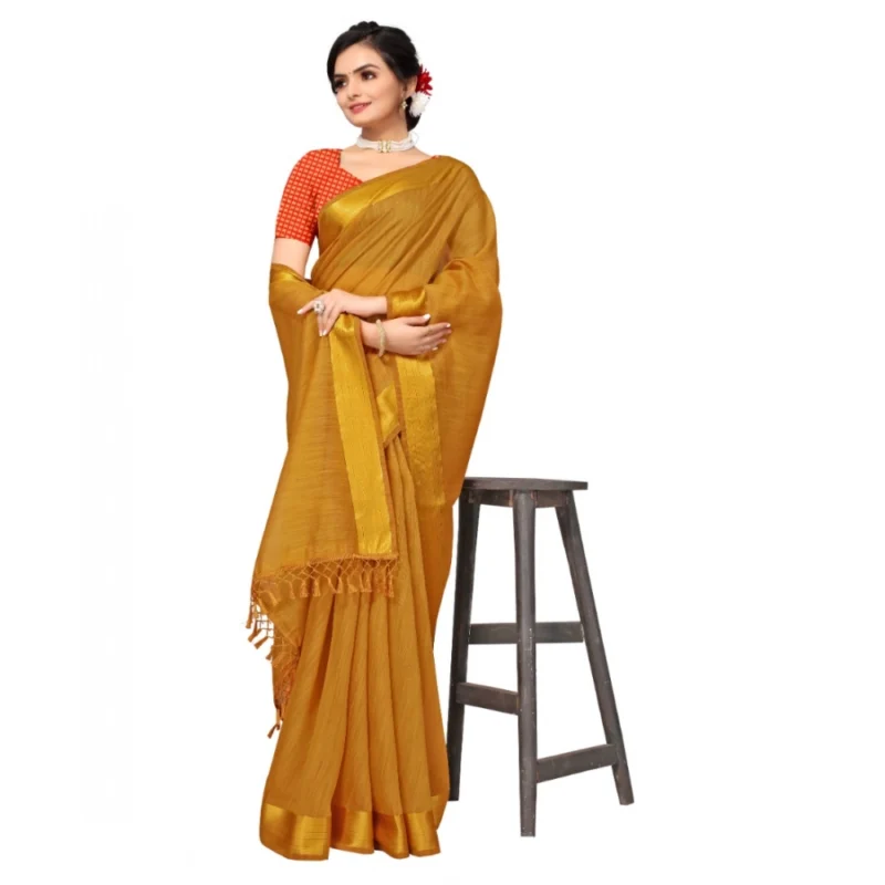Generic Women's Cotton Blend Stripe Pattern Sarees (Mustard, 5-6 Mtrs) - Image 3