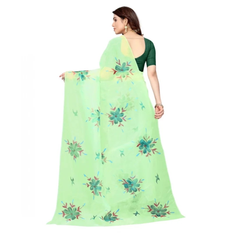 Generic Women's Organza Floral Pattern Sarees (Parrot Green, 5-6 Mtrs) - Image 2
