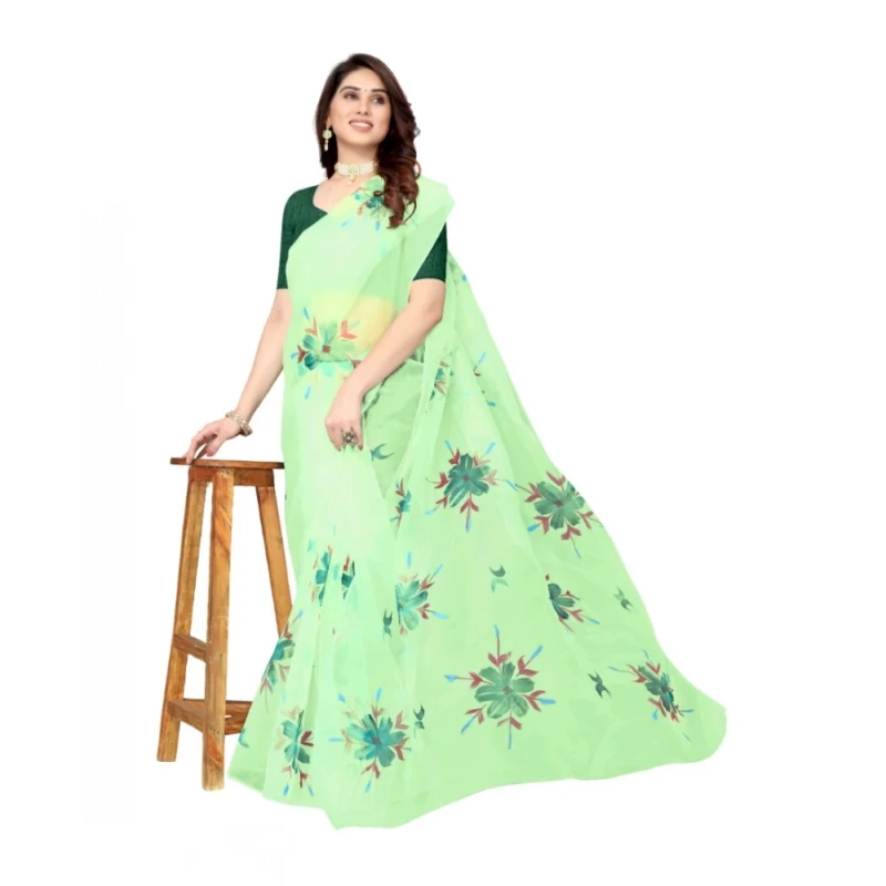 Generic Women's Organza Floral Pattern Sarees (Parrot Green, 5-6 Mtrs) - Image 3
