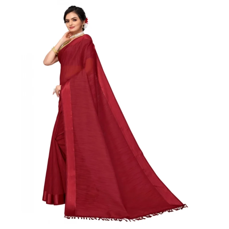 Generic Women's Cotton Blend Stripe Pattern Sarees (Maroon, 5-6 Mtrs) - Image 4